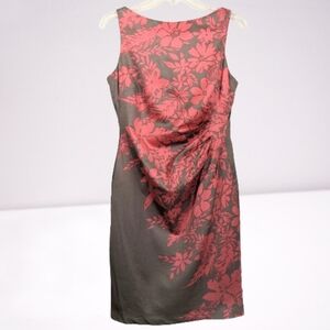 Anne Klein Sheath Dress Coral Tan Floral Cotton Sleeveless Gathering